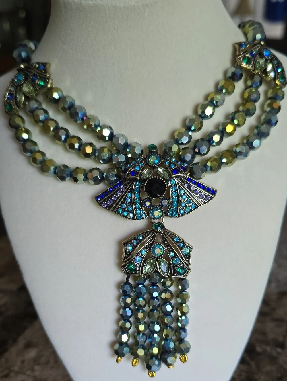 AFR.K Vintage Statement Blue-Green AB Crystal Tassel Necklace